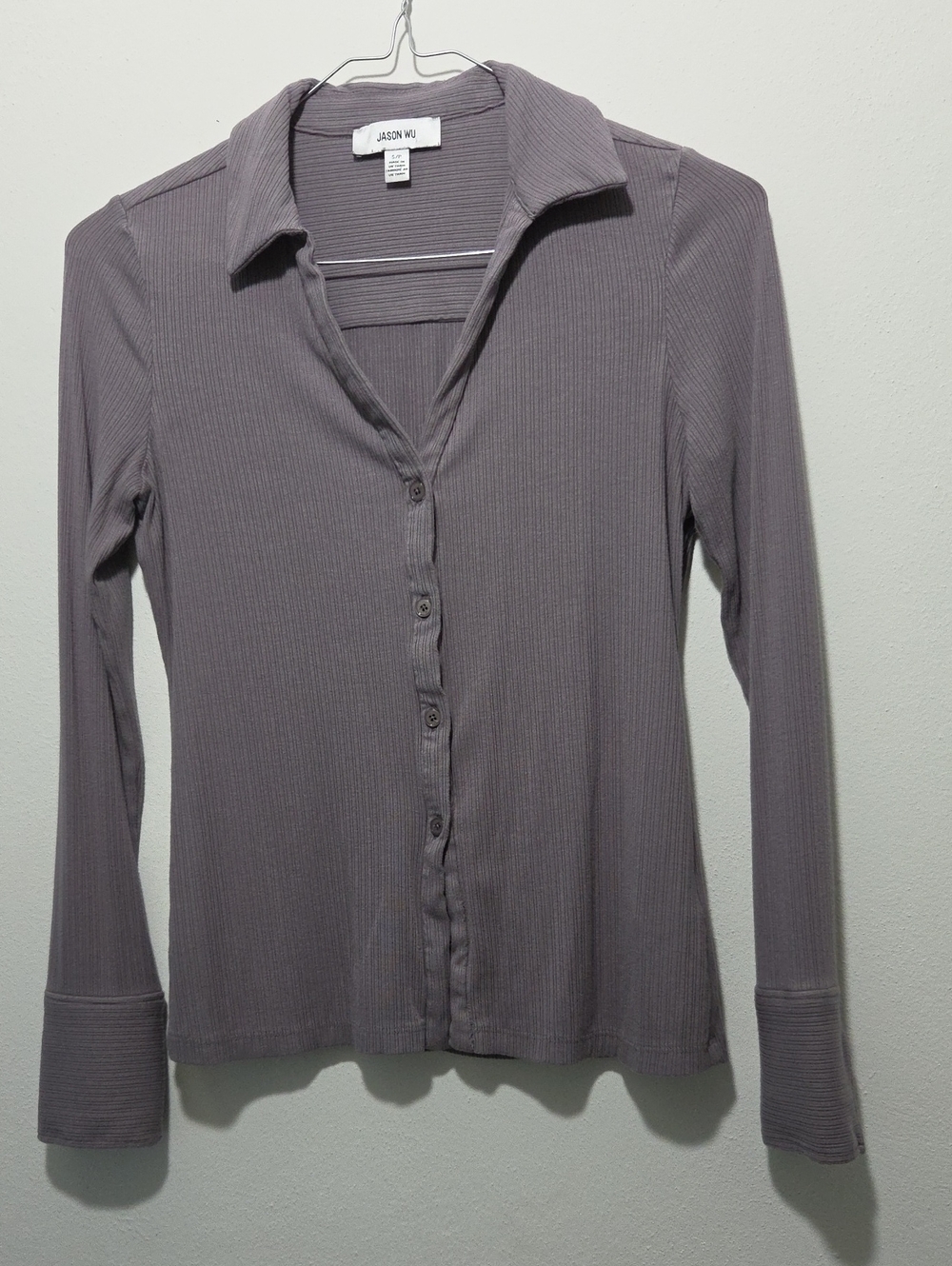 Jason Wu Ribbed Button-Front Long Sleeve Top — Dusty Mauve
